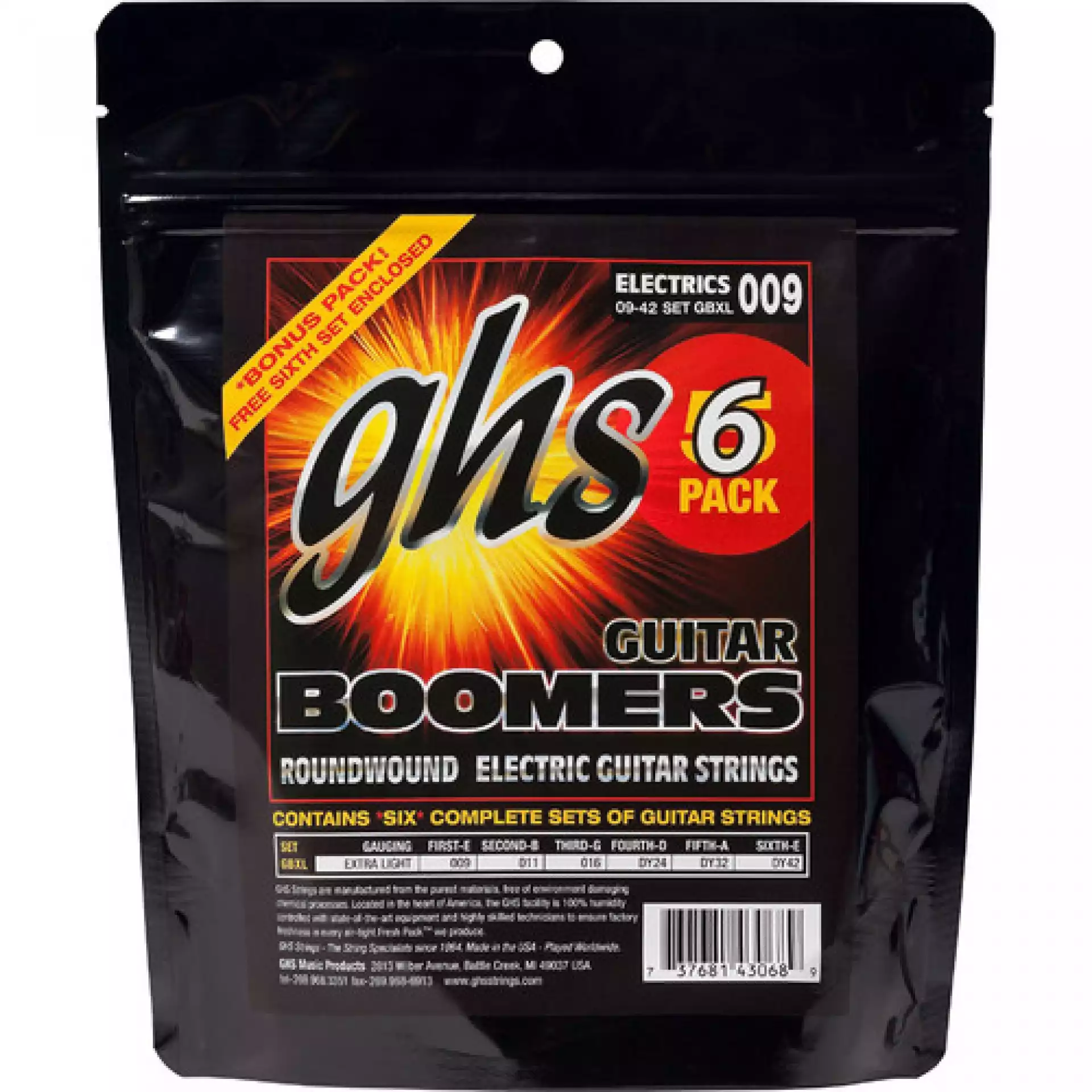 GHS GBXL-5 Extra Light Boomers Multi-Pack 6-pack El.Guitar Strings (9-42)